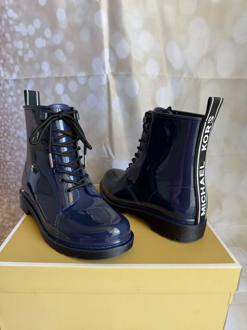 Michael Kors Patent Navy Lace-Up Rain Boots